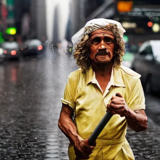 Prompt: closeup portrait of a cleaner with a mop fighting apuddles in rainy new york street, by Steve McCurry and David Lazar, natural light, detailed face, CANON Eos C300, ƒ1.8, 35mm, 8K, medium-format print