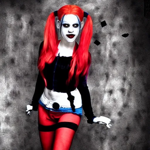 Prompt: Brittany Murphy as Harley Quinn, dark eerie pic, photo taken by ghost adventures