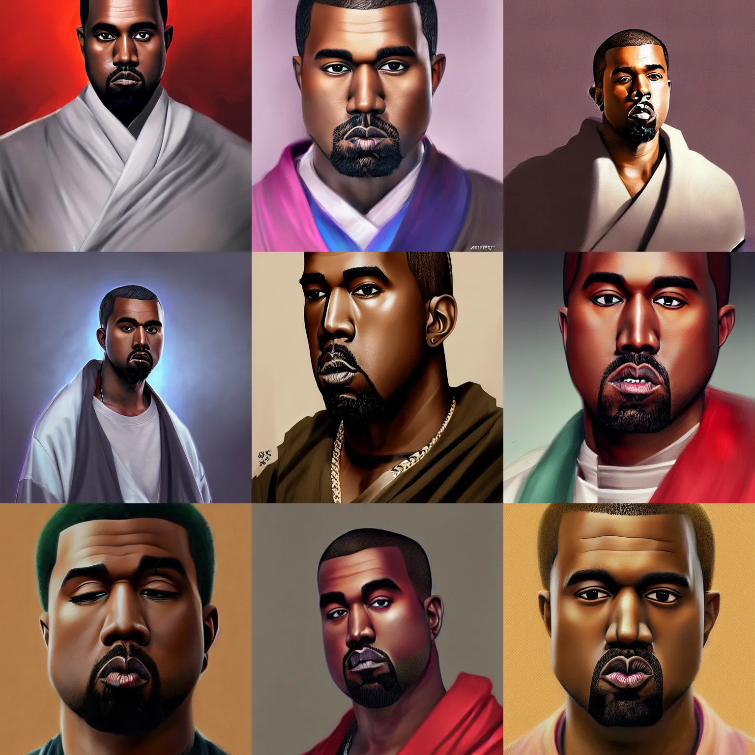 Prompt: A realistic anime portrait of Kanye West wearing a kimono, digital painting, by Stanley Artgerm Lau, WLOP, and Rossdraws, digtial painting, trending on ArtStation, deviantart