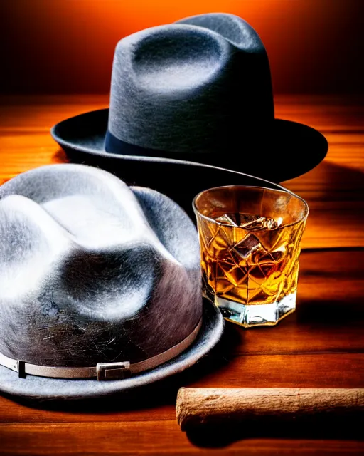 Prompt: photo of gray fur felt fedora and one rocks glass containing some whiskey, on a dark wood bar near a window, film noir lighting, smoky, 8 k,