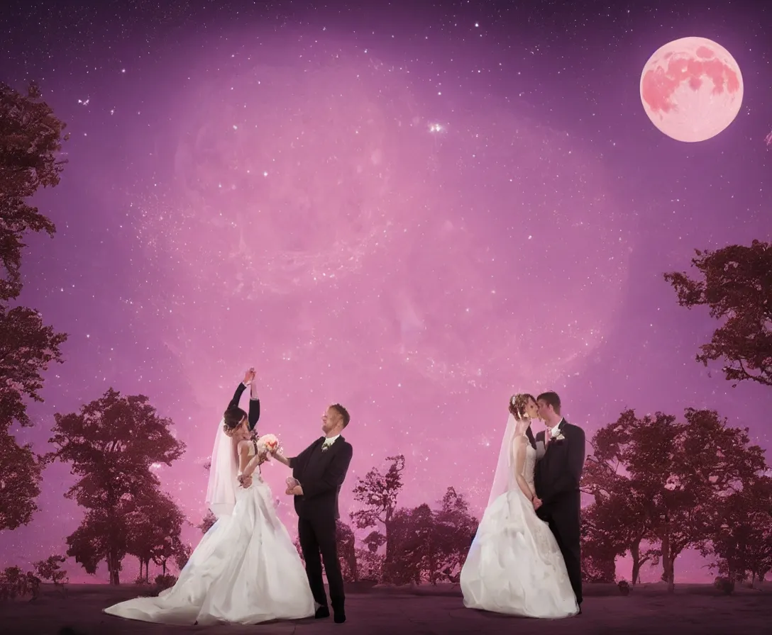 Image similar to bride and groom have their gorgeous wedding dance on a picturesque pink moon with stars on a pink background behind it, incredibly detailed, anatomical, beautiful, ray traced, 8 k, uhd, soft natural lighting, volumetric lighting