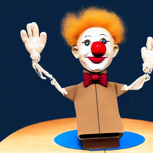 Image similar to puppet show of a string marionette of a president with clown face in a podium