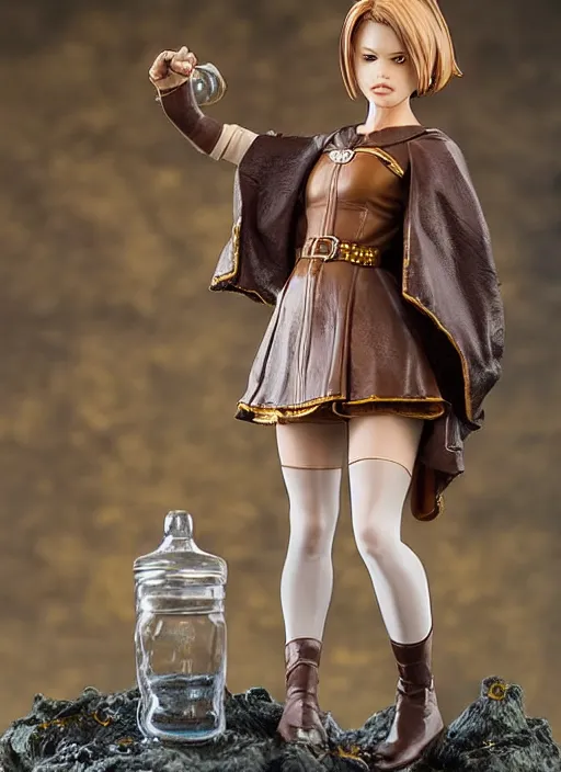 Image similar to 80mm resin detailed miniature of a female alchemist with short brown hair wearing a short dress, white stockings, leather boots and cape, Product Introduction Photos, 4K, Full body