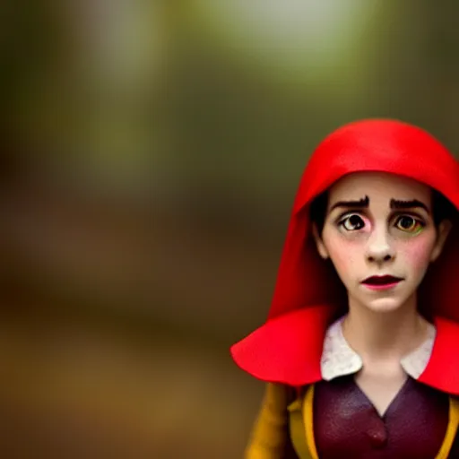 Prompt: a cinematic film still of a claymation stop motion film starring emma watson as little red riding hood, looking at realistic wolf, shallow depth of field, 8 0 mm, f 1. 8