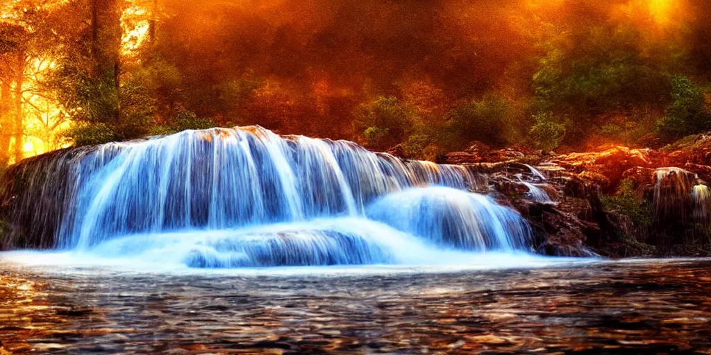 Image similar to golden hour waterfall nature landscape, watercolor, ultra realistic, highly detailed, hd, sharp focus, cinematic lighting, warm colors, realistic, photorealistic, vivid colors, painting, digital art, non blurry, sharp, artstation, smooth, illustration