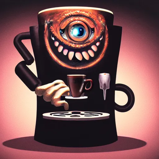 Image similar to monster coffee machine with hands and eyes drink cappuccino, 8 k, details, artstation trends, cyberpunk concept art