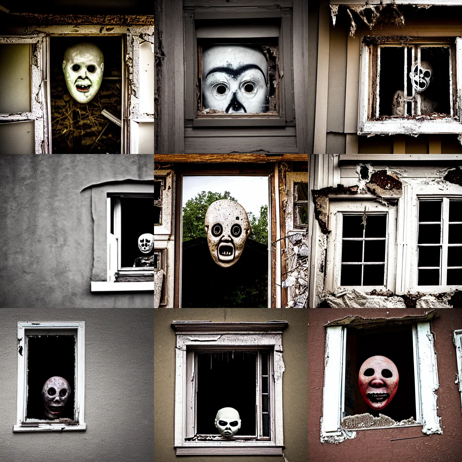 Prompt: a photo of a terrifying face looking out of a window of a crumbling haunted house.