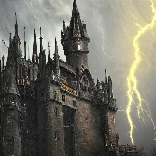 Prompt: dark and stormy eerie ornate gothic castle with lightning, extremely detailed, oil painting, 8k, trending on artstation