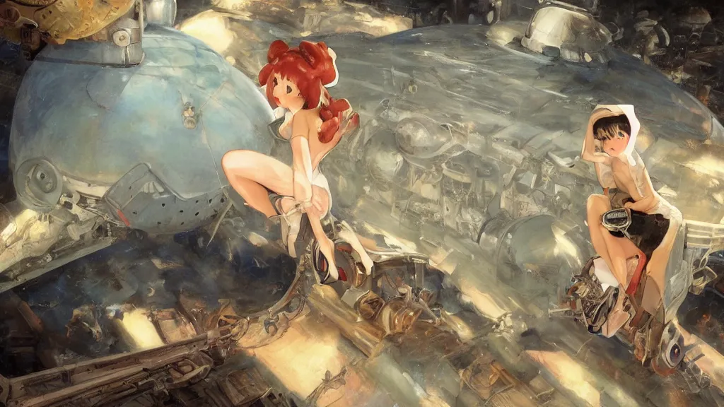 Image similar to a film still of a 1 9 5 0's mechanic anime girl sitting on top of flying ufo landing in hangar of giant ufo spaceship, sharp face focus, finely detailed features, full body mid shot, perfect art, trending on pixiv fanbox, painted by gaston bussiere, makoto shinkai, akihiko yoshida, gaston bussiere, craig mullins