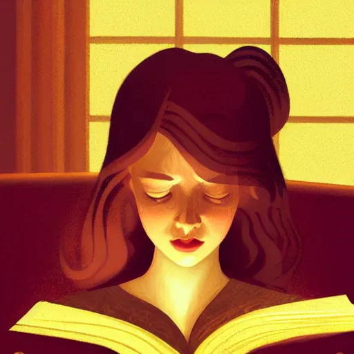 Prompt: mysterious and detailed depiction of a woman reading a book, evokes a sense of wonder, dramatic lighting, digital art, critical detail, sharp focus, a simple textured vector based illustration, cinematic, contrasting colors, atmospheric dreamscape painting, wlop by ( artstation jeremiah ketner and leonardo da vinci and greg rutkowski )