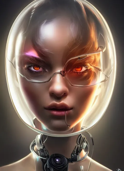 Prompt: portrait a cyborg girl connected by cables inside a glass jar filled with liquid by Artgerm, highly detailed, trending on artstation