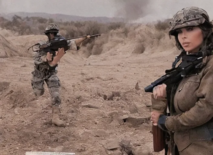 Prompt: a film still of kim kardashian as a soldier firing a rifle over a dirty trench with her bust lightly exposed. backround : warfield