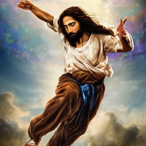 Prompt: UHD photorealistic studio portrait of a Jesus skateboarding , extremely detailed, 8k, cinematic lighting, in the style of Amano and Ayami Kojima, with vivid colors and rich composition