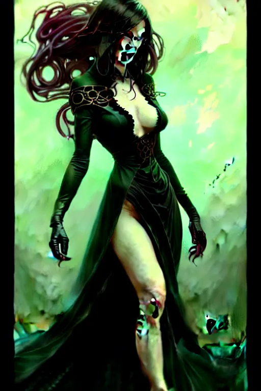 Image similar to portrait of a dark fantasy seductive female necromancer, stylish black dress, green eyes, long red hair, fantasy, elegant, intricate, full frontal shot, highly detailed, digital painting, artstation, concept art, sharp focus, illustration, art by artgerm and greg rutkowski and alphonse mucha