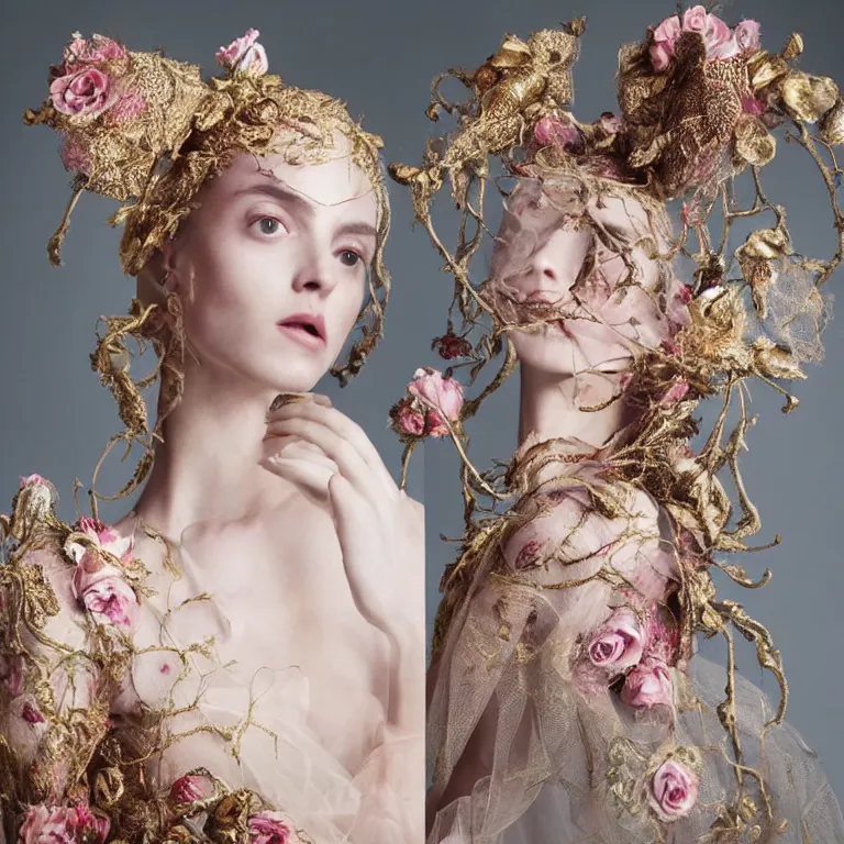 Image similar to anna taylor-joy, veiled,rococo headdress, avian-inspired,beaded embroidery,roses,by Annie Stegg and Jovana Rikalo and VICTOR NIZOVTSEV and Nekro and Billelis, GUCCI,DIOR,trending on pinterest,hyperreal,Kintsukuroi,gold,maximalist