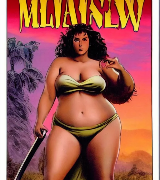 Image similar to 1 9 8 0 s fantasy novel book cover, bbw plus size amazonian 1 8 - year - old millie bobby brown in extremely tight bikini armor wielding a cartoonishly large sword, exaggerated body features, dark and smoky background, low quality print