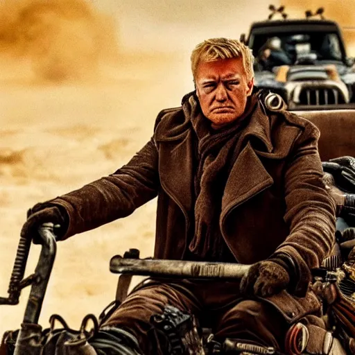 Prompt: portrait of Donald Trump as a post-apocalyptic warchief in the style of Fury Road, 4k, high detail