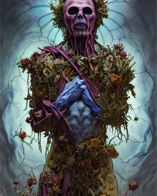 Image similar to the platonic ideal of flowers, rotting, insects and praying of cletus kasady ultimate carnage thanos dementor wild hunt doctor manhattan chtulu nazgul davinci, d & d, fantasy, ego death, detailed, intricate, hyperrealism, intense, scary, decay, dmt, art by artgerm and greg rutkowski and alphonse mucha