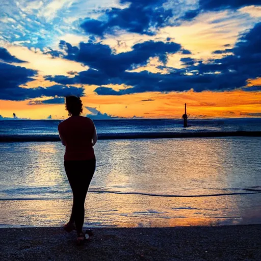 Image similar to a woman facing a blue portal on the street, which shows a beach at sunset