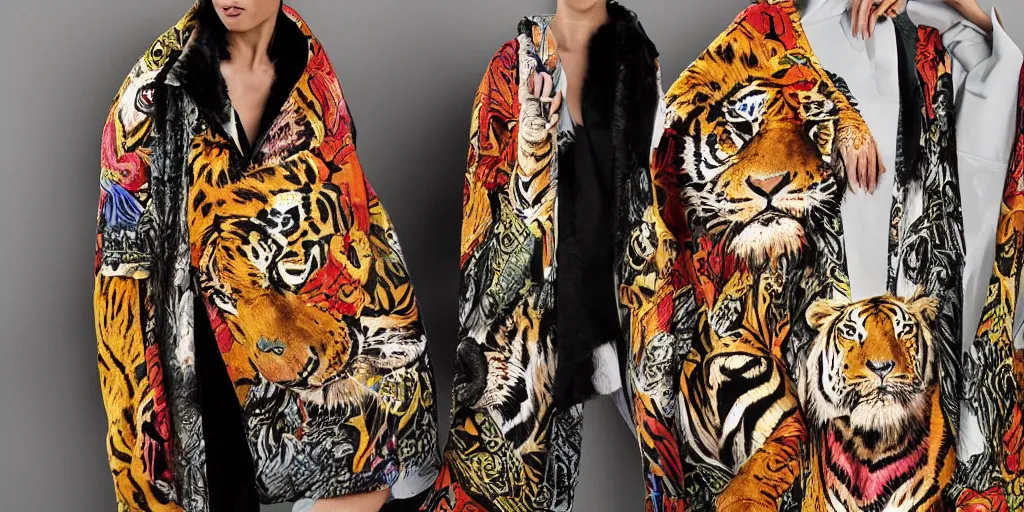 Image similar to birth of venus gucci versace tiger print intricate modern textiles cloak tunic streetwear cyberpunk