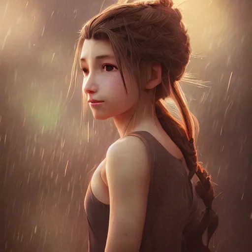 Image similar to beautiful aerith gainsborough, face centered portrait, confident, fog, rain, volumetric lighting, beautiful, golden hour, sharp focus, ultra detailed, cgsociety by leesha hannigan, ross tran, thierry doizon, kai carpenter, ignacio fernandez rios