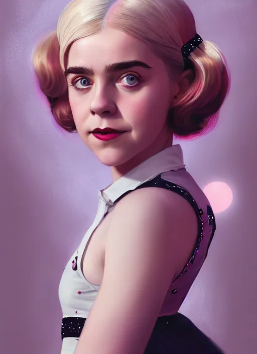 Prompt: portrait of kiernan shipka as sabrina spellman, freckles, white hair, 1 9 6 0 s bob hairstyle, hairstyle with bangs, hairband, intricate, elegant, glowing lights, highly detailed, digital painting, artstation, concept art, smooth, sharp focus, illustration, art by wlop, mars ravelo and greg rutkowski