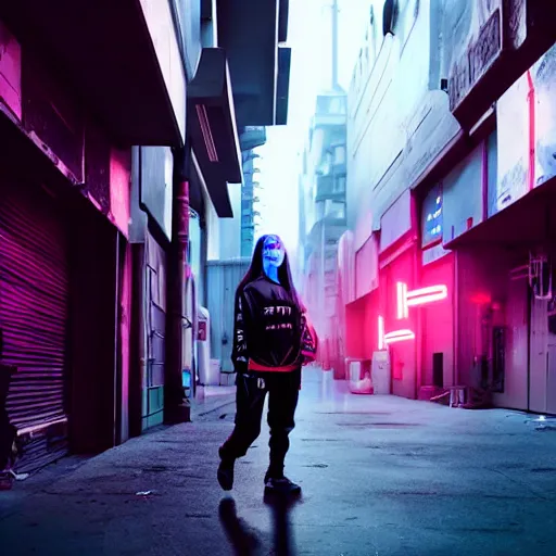 Image similar to billie elish in a cyberpunk street, movie still, photorealistic, photography, cine still, 8 k, imax picture, dramatic lighting, volumetric lighting, shallow depth of field