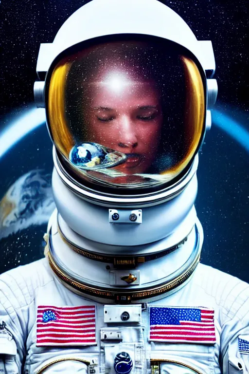 Prompt: hyperrealistic precisionist cinematic profile very expressive! astronaut suit and helmet, in water! up to shoulders, mirror dripping droplet!, planet and stars, highly detailed, digital art masterpiece, smooth eric zener cam de leon, dramatic pearlescent turquoise light on one side, low angle uhd 8 k, 1 3 5 mm focal length