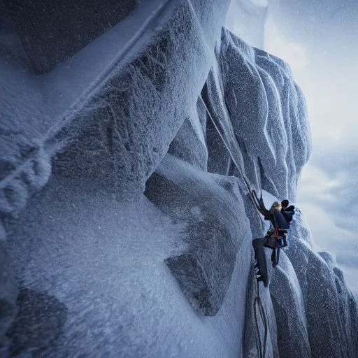 Image similar to climber, extreme cold, storm, octane rendering, volumetric lightning, hyperrealism, no blur, 4 k resolution, ultra detailed