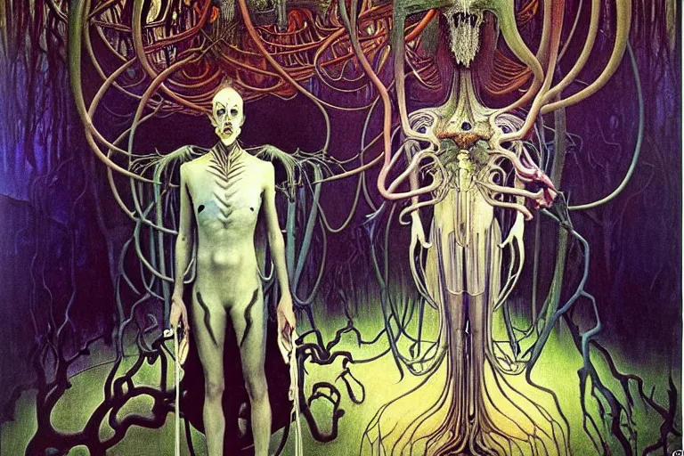 Image similar to realistic extremely detailed portrait painting of an elegantly creepy vampire man dressed as dracula, futuristic sci-fi forest on background by Jean Delville, Amano, Yves Tanguy, Alphonse Mucha, Ernst Haeckel, Edward Robert Hughes, Roger Dean, rich moody colours