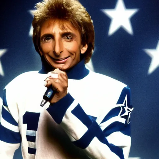 Prompt: a high quality photo of Barry Manilow as the quarterback of the Dallas cowboys