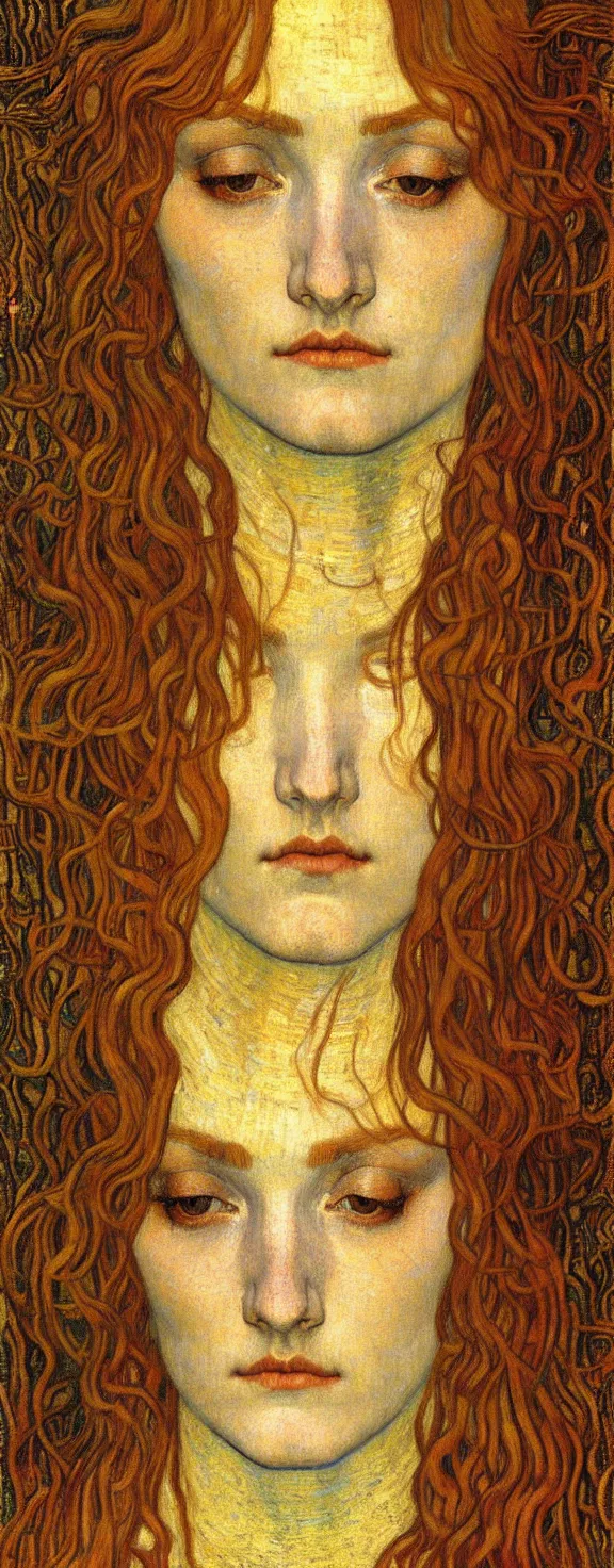 Image similar to detailed realistic beautiful young medieval queen face portrait by jean delville, gustav klimt and vincent van gogh, art nouveau, symbolist, visionary, gothic, pre - raphaelite, muted earthy colors, desaturated