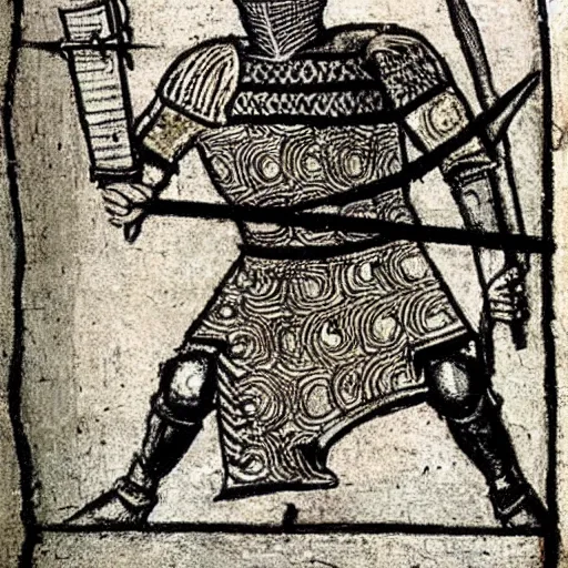 Prompt: medieval drawing of a Knight in battle with AK-47