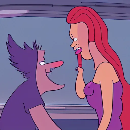Prompt: screenshot from leela and fry from futurama close romantic kiss in the planet express ship, trending on artstation