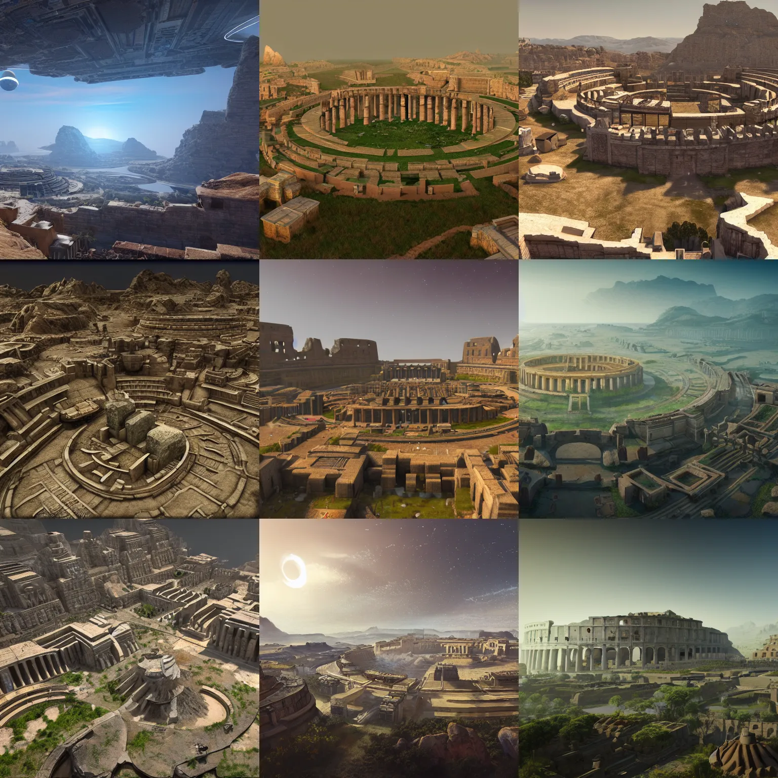 Prompt: a big and structured landscape of an ancient civilization city inspired by ancient rome with a portal to outer space 4k digital art unreal engine trending on artstation