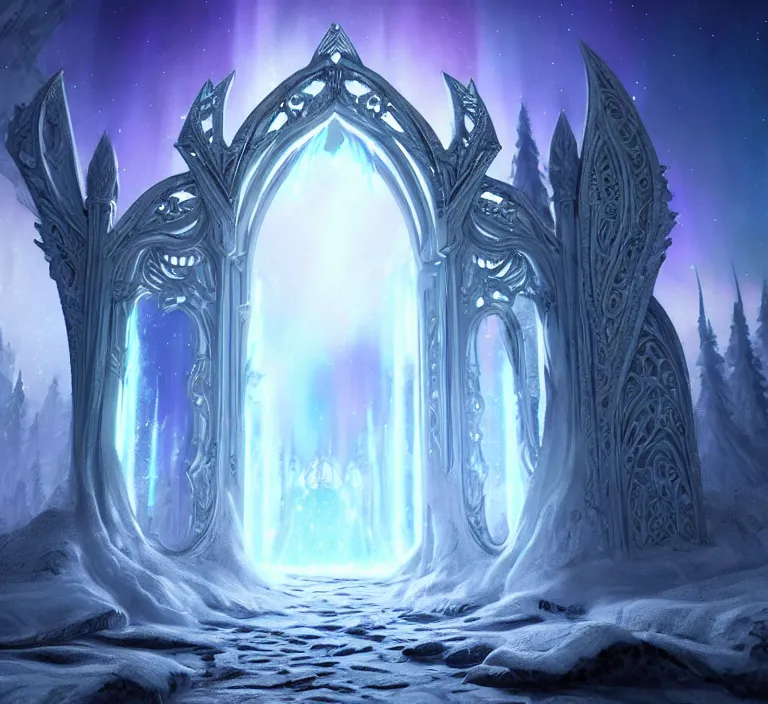 Image similar to a very detailed concept art of intricate and elven white gates to aurora borealis infused with magic, dynamic lighting trending on artstation, symmetry, digital art, 4 k, hyper realistic, octane render, sharp focus