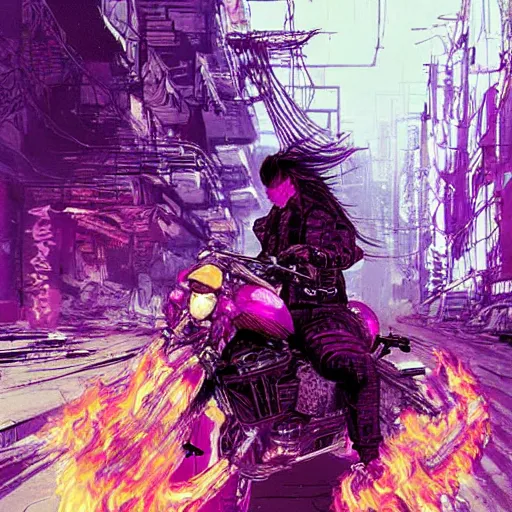 Image similar to portrait painting of a street samurai with long purple hair riding a motorcycle through a burning cyberpunk slum, glitch, concept art, intricate details, eerie, highly detailed, art by tsutomu nihei