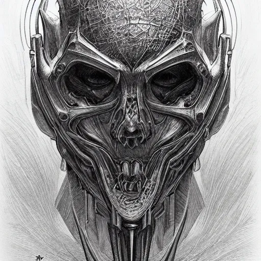 Prompt: iconic sentinel biomechanoid priest infected with demon head album hyper detailed concept art crosshatch sketch illustration art style by Jonathan Wayshak and Toshihiro Egawa and Zdizslaw Beksinski and Artstation trending 8k