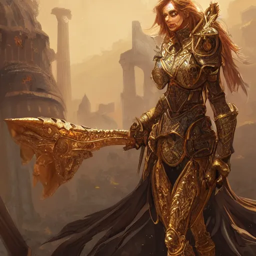 Image similar to portrait knights of Zodiac girl, golden and copper armor, in ruined ancinet Agora of Athens, ssci-fi, fantasy, intricate, very very beautiful, elegant, highly detailed, digital painting, artstation, concept art, smooth, sharp focus, illustration, art by WLOP and tian zi and artgerm