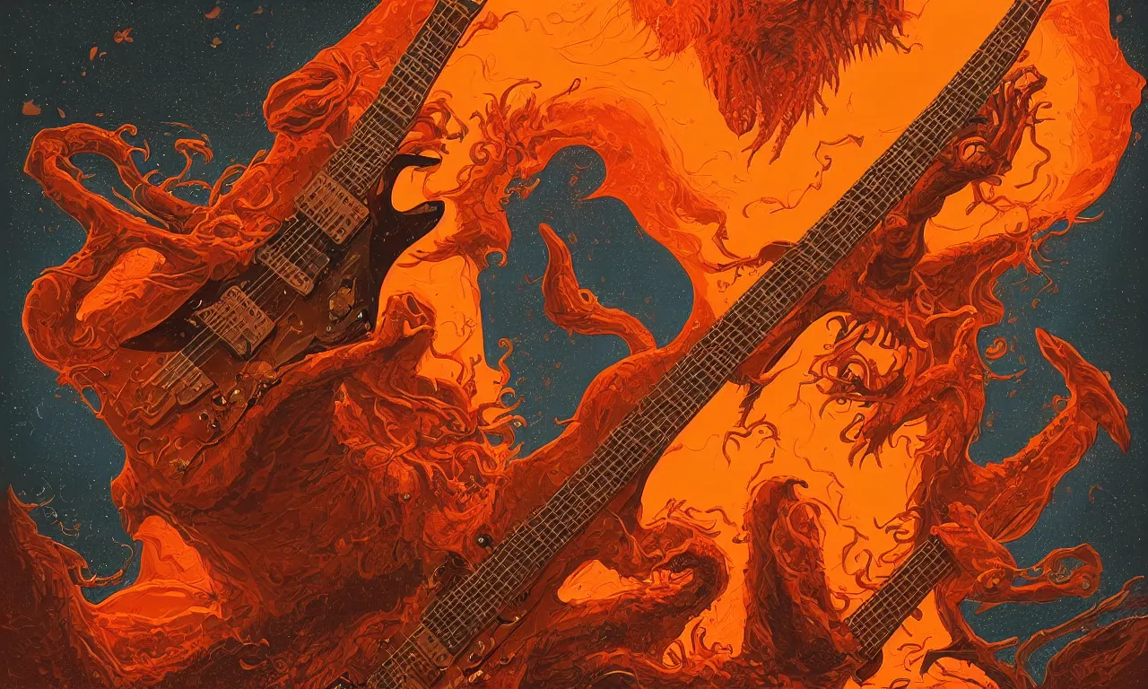 Prompt: an orange colored lovecraftian monster playing a Gibson Flying V electric guitar, digital art by dan mumford and greg rutkowski, highly detailed, trending on artstationhq