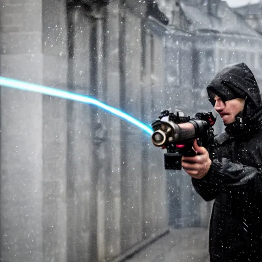 Prompt: a man shooting a laser gun on a rainy day in prague, photography, movie still, dslr 5 5 mm, 4 k