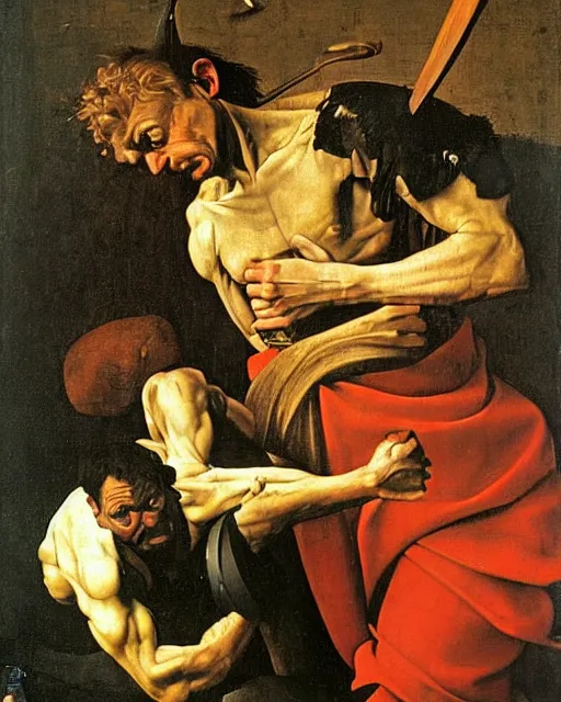 Image similar to David with the Head of Goliath by Caravaggio painting by Hieronymus Bosch