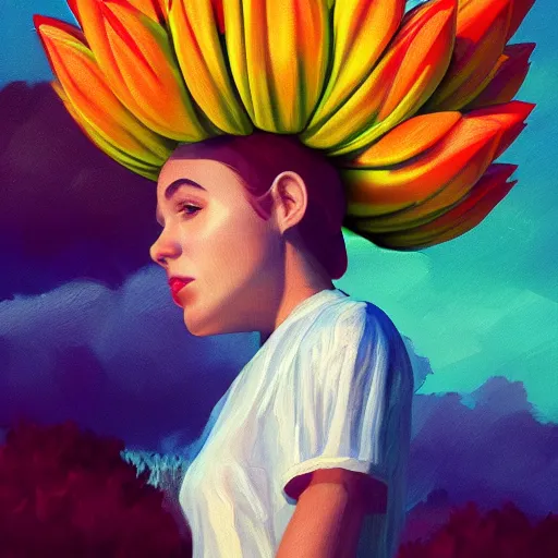 Image similar to girl with a giant tulip head, surreal photography, flower field, sunset dramatic light, impressionist painting, colorful clouds, blue sky, digital painting, artstation, simon stalenhag