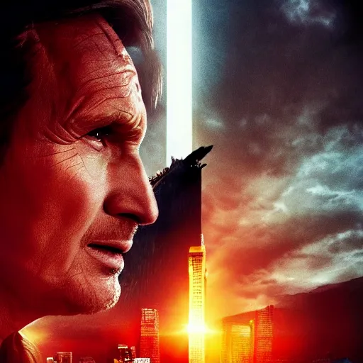 Image similar to liam neeson versus godzilla, movie poster, profile angle, high quality, realistic, head to head