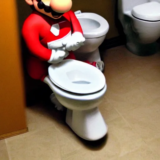 Image similar to super mario sitting on a toilet taking a poop with an angry look on his face