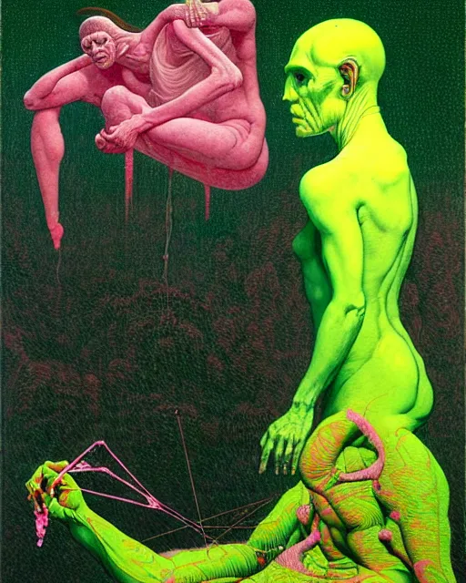 Image similar to a scene from prometheus, the annunaki making humans, pink and green palette, surrealism, in the style of francis bacon, esao andrews, zdzisław beksinski, edward hopper, surrealism, art by takato yamamoto and james jean