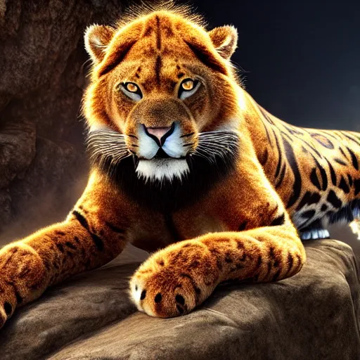 Image similar to mix of puma and jaguar and lion and tiger jumping over a cliff, giant cat monster, 8 k ultra realistic animal, detailed intricate fur, flame in the fur, full of colour, cinematic lighting, battered, trending on artstation, 4 k, hyperrealistic, focused, extreme details, unreal engine 5, cinematic, masterpiece, art by ayami kojima