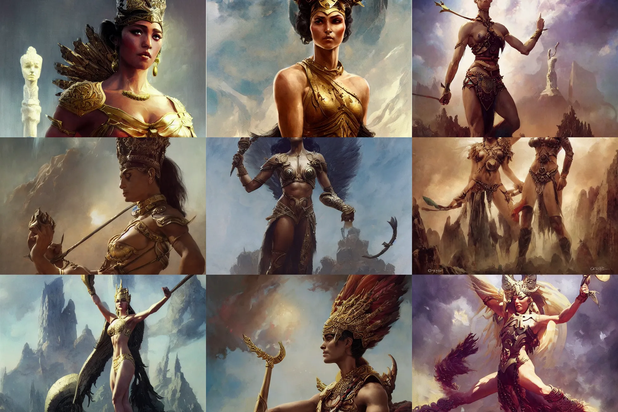 Image similar to An epic fantasy character art full portrait of a goddess at the first olympic games, by Greg Rutkowski, Frank Frazetta, Boris Vallejo, very very beautiful, olympus, Exquisite detail, post-processing, masterpiece, cinematic, coliseum