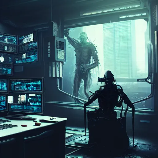 Image similar to frail and mutated human in a cyberpunk control room, ultra realistic, concept art, intricate details, eerie, highly detailed, photorealistic, octane render, 8k, unreal engine, art by Andrew Andreev