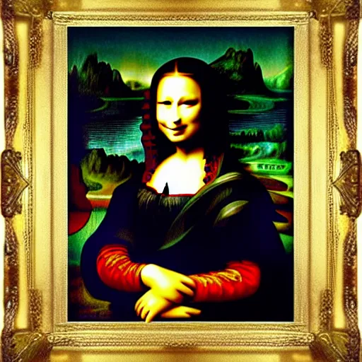 Prompt: sarah palin painted in the style of the mona lisa, painted by leonardo davinci, gold frame, oil painting